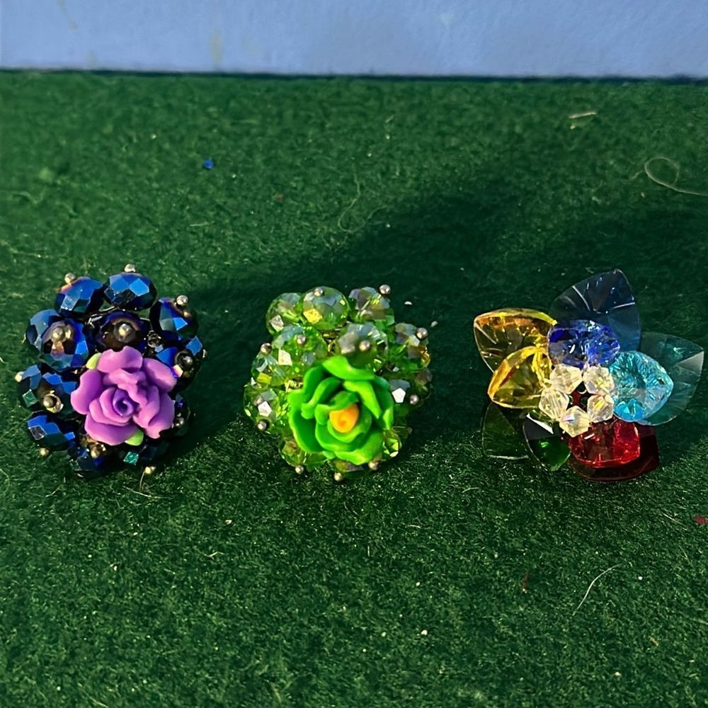 Women’s 3-Piece Adjustable Ring Set Silvertone Blue Green Multi-Colored Fashion